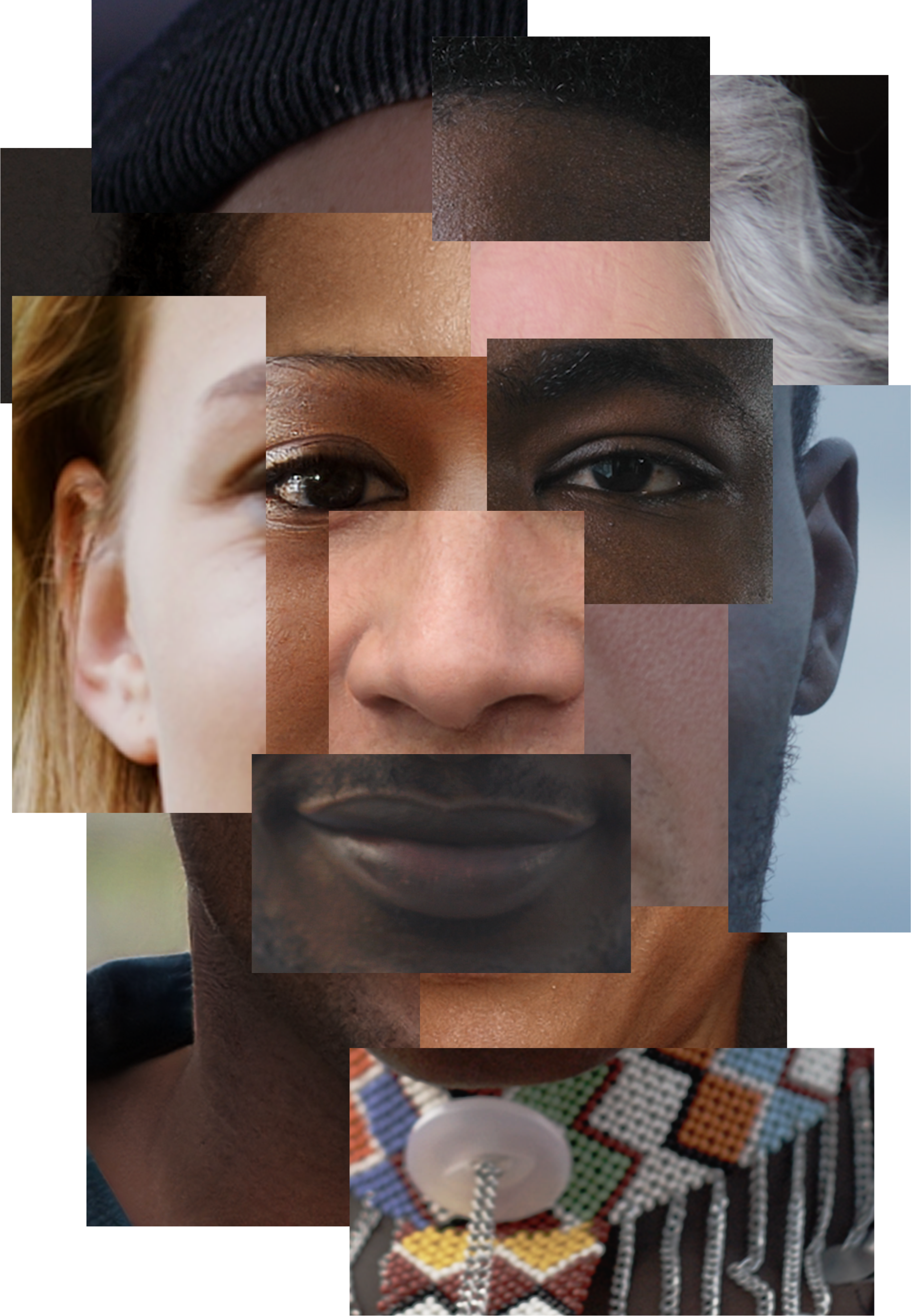 Key visual showing a face constructed by many people of different ethnicities