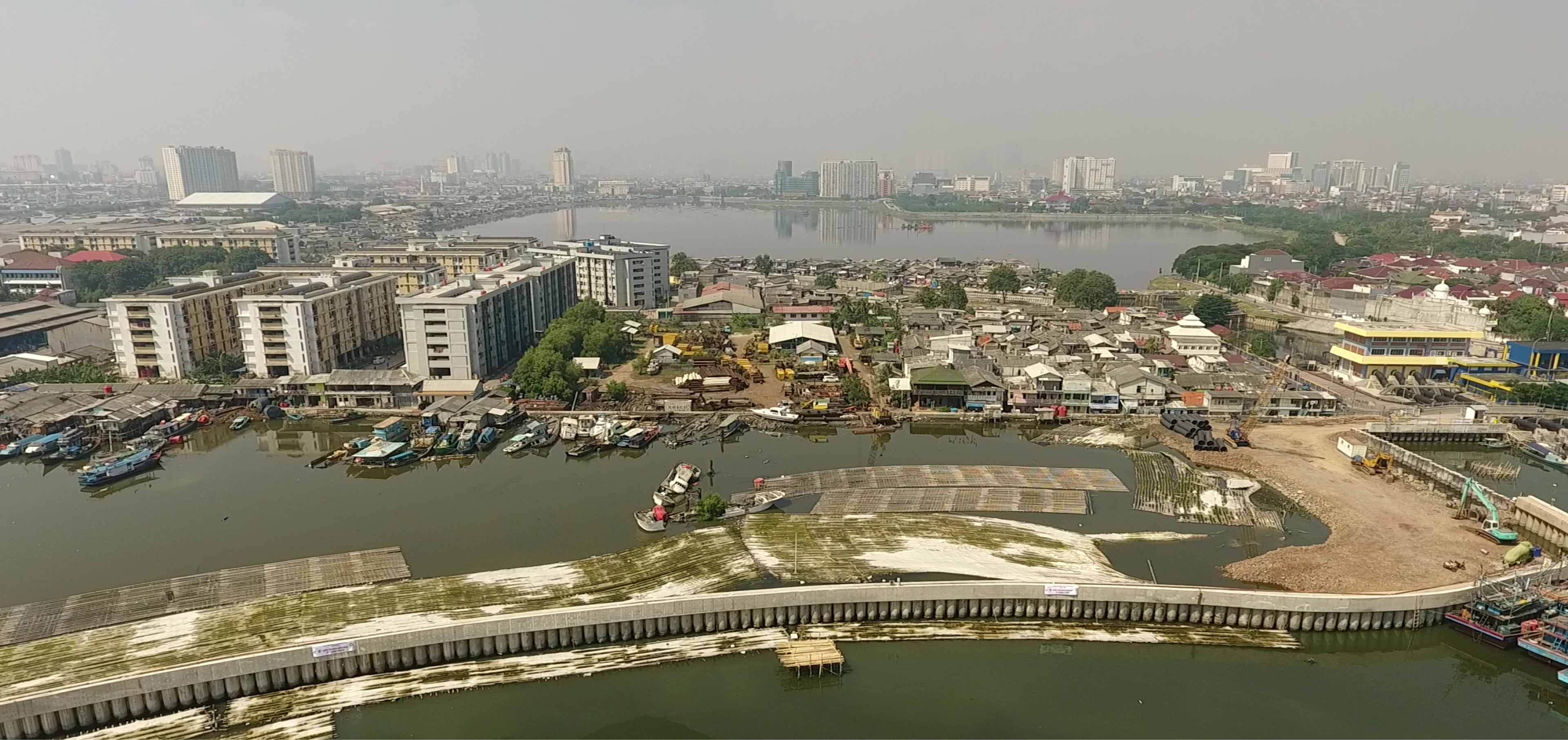 Aerial shot of flood wall being build